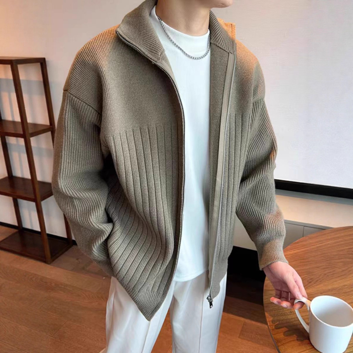 Color sólido retro holga camisa de punto suéter de cuello alto de hombre con cremallera de cuello de moda cardigan chaqueta de alta calidad simple