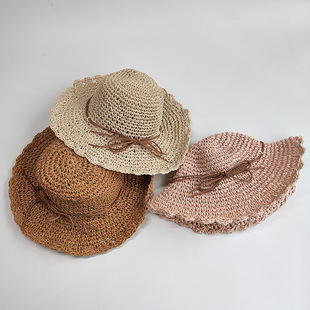 Fresh and Simple Handmade Paper Woven Parent-Child Wide Brim Hat Summer Bow Versatile Concave Shape Children's Hat
