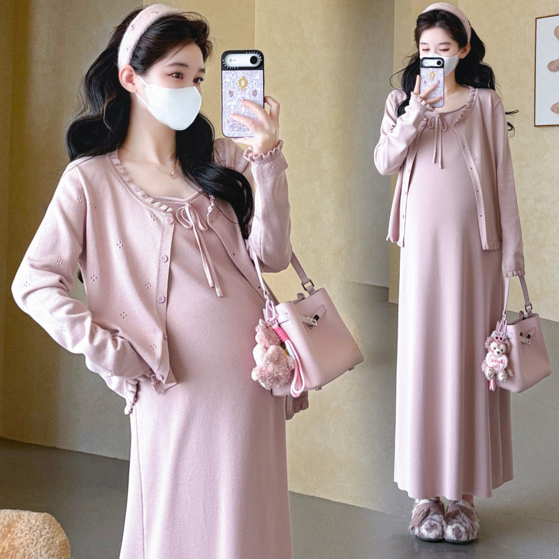 Maternity wear autumn set dress, plus-size fashion trendy new cardigan knitted over-the-knee long skirt two-piece set for expectant mothers Maternity wear autumn set dress, plus-size fashion trendy new cardigan knitted over-the-knee long skirt two-piece set for expectant mothers