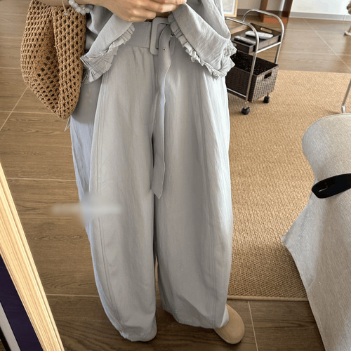 Korean-style new water blue slimming set with knotted sleeveless top and solid-colored high-waisted wide-leg pants, fashionable and versatile