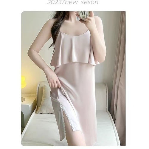 Summer Thin Ice Silk Mid-length Patchwork Lace Large Size Plus Size Belly Covering Sleeveless Home Wear Suspender Nightdress Women's Trendy