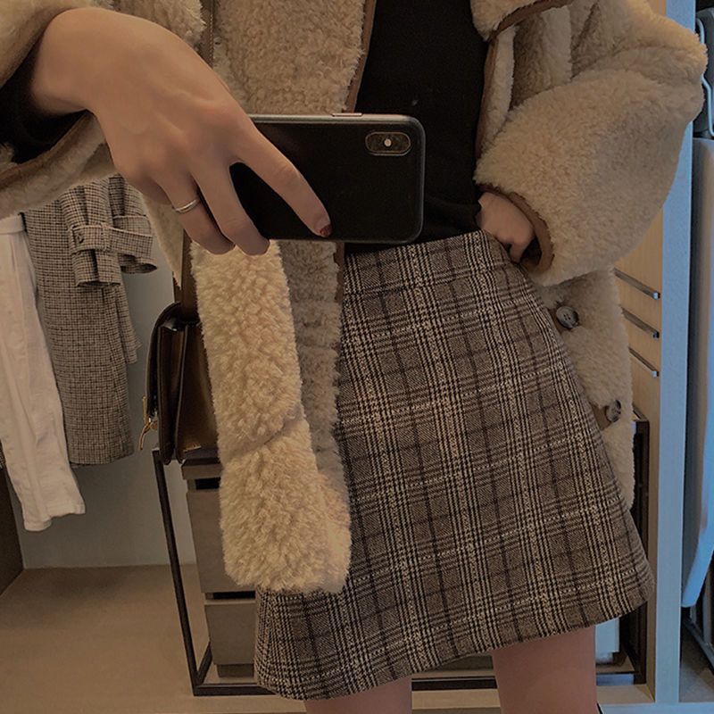 大きいサイズの太ったmmの格子の毛は半身のスカートの秋冬の婦人服の腰が高くてやせています。|undefined