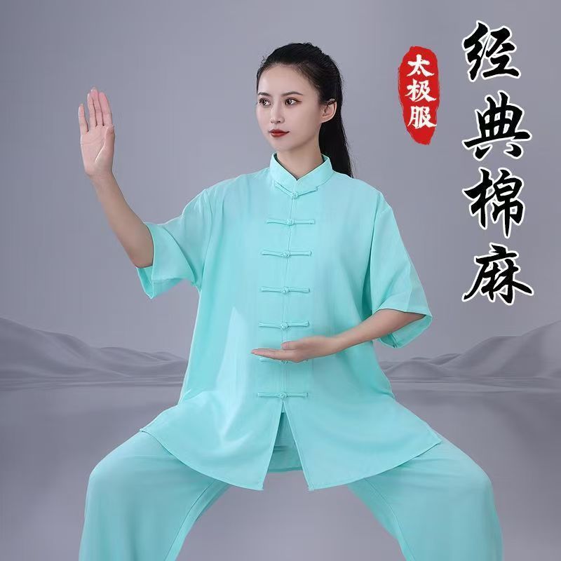 女性用のハイエンド太極拳スーツ、男性用の新しい綿と麻の太極拳練習スーツ、春夏の八段錦武道スーツ|undefined