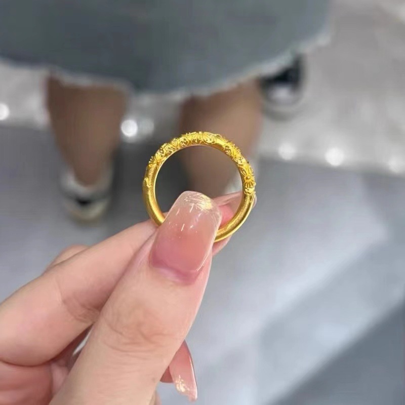 小紅書同款雕花素圈戒指女新中式時尚百搭紫荊花花紋實心金色戒指