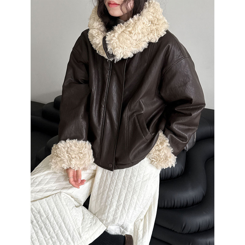 Ns Large Lapel Lamb Curly Short Thickeneded Leather Jacket Women's Winter 90 White Duck down Parka down Jacket Y89