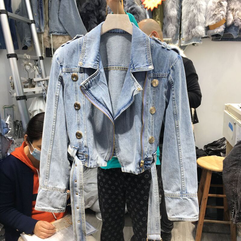 2025 Spring Lapel Collar Double-Row Letter Button Slim Fit Denim Jacket with Double Diagonal Zipper Trendy Short Blazer