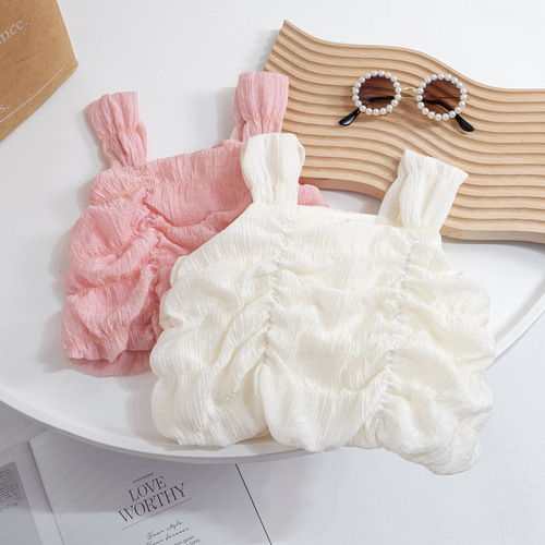 Girls Korean summer sweet temperament sling  baby girl Internet celebrity western style niche fashion pleated top