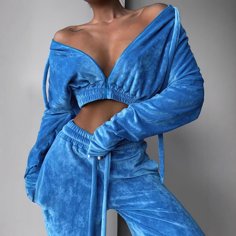 Tk European Station Foreign Trade Women's Clothing Cross-Border Sportswear Velvet Suit High-End Casual Fashion Solid Color Two-Piece Set Tk European Station Foreign Trade Women's Clothing Cross-Border Sportswear Velvet Suit High-End Casual Fashion Solid Color Two-Piece Set