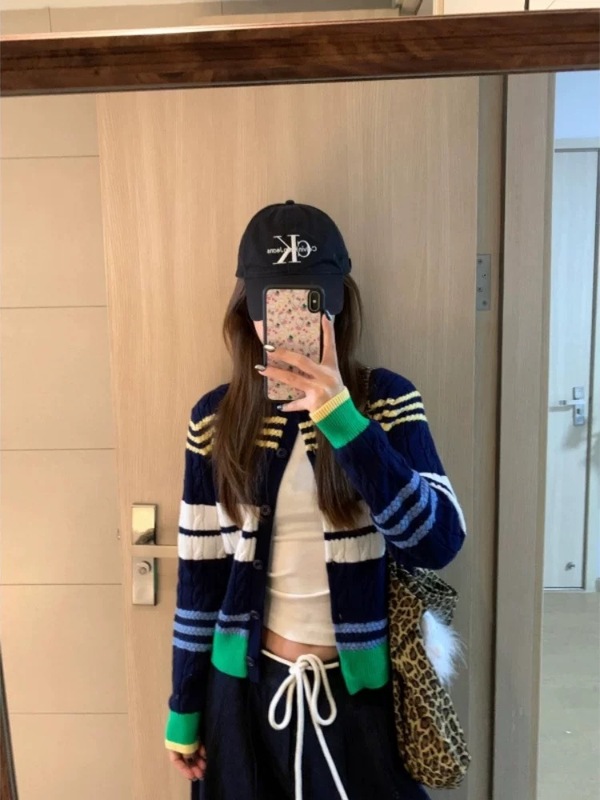 美式复古条纹撞色拼接针织开衫女秋冬新款慵懒风休闲毛衣外套上衣|undefined
