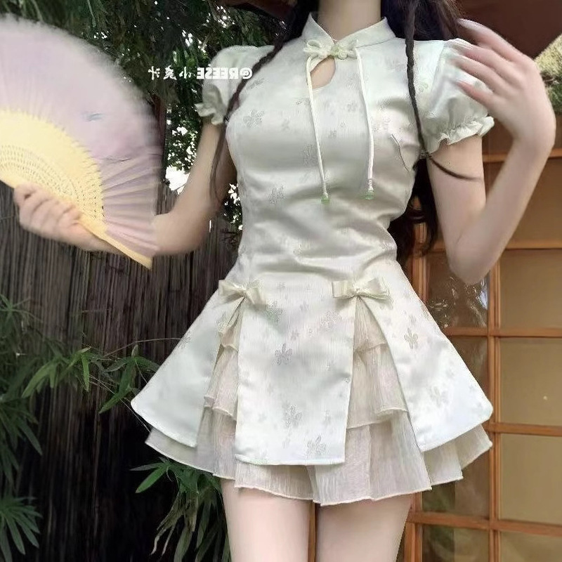 New Chinese Style Retro Guofeng Design Improved Cheongsam dress Button Bubble Sleeve Skirt Two-Piece Set New Chinese Style Retro Guofeng Design Improved Cheongsam dress Button Bubble Sleeve Skirt Two-Piece Set