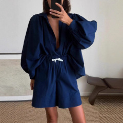 跨境独立ins站欧美2025秋冬新款灯笼袖衬衣短裤两件套女NTZ6023