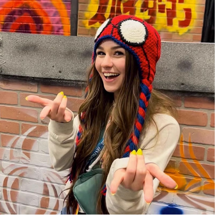 红黑蜘蛛毛线帽超酷手工钩针编织针织帽子女秋冬季亲子帽护耳帽