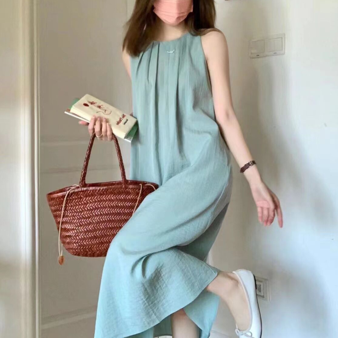 해변 휴일 백리스 스트레이트 원피스 여성복 여름 윈난 여행복 느슨한 슬링 비치 롱 스커트