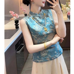 新しい中国風の女性用夏トップス、軽い高級感、ハイエンド、ユニークで美しい、スリムでスリムなブルーのジャカードノースリーブシャツ