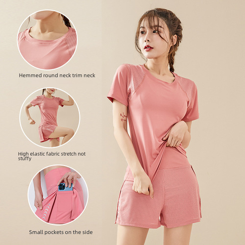 Women's Summer Autumn Yoga Set, Two-Piece Exercise Suit with Quick-Drying, Thin Short-Sleeve Shorts, Running Elastic Loose Fitness Clothing