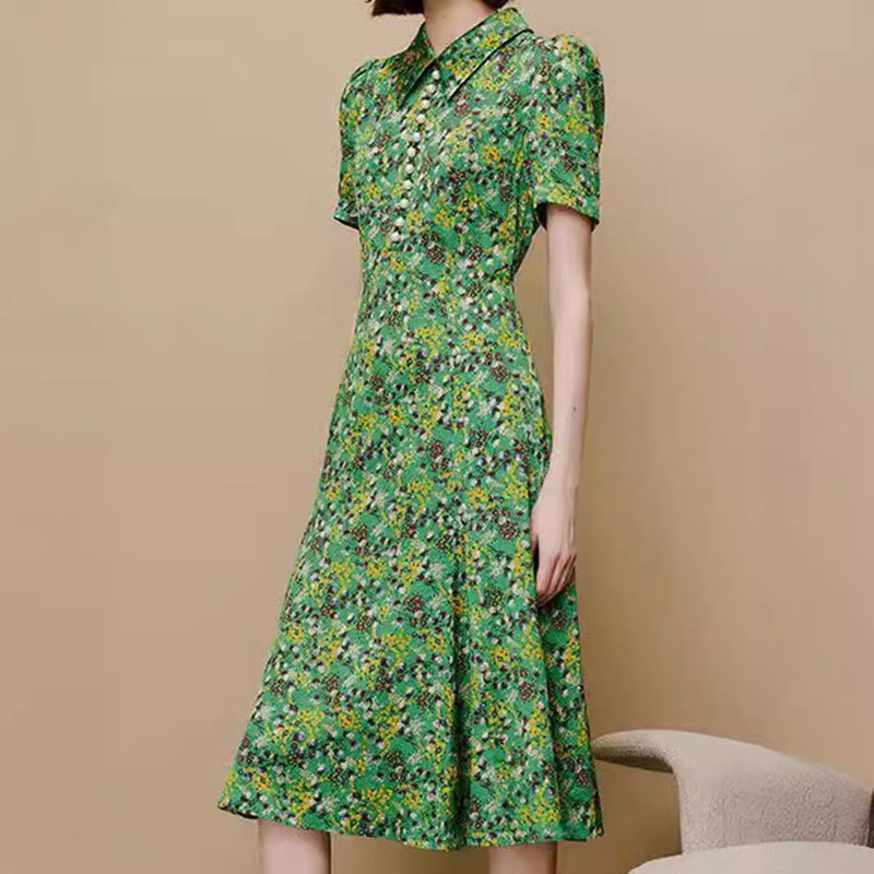 Factory Direct dress Women's LKB Early Autumn New Pearl Buckle Yellow Small Floral Green Short-sleeved Long Dress Silk