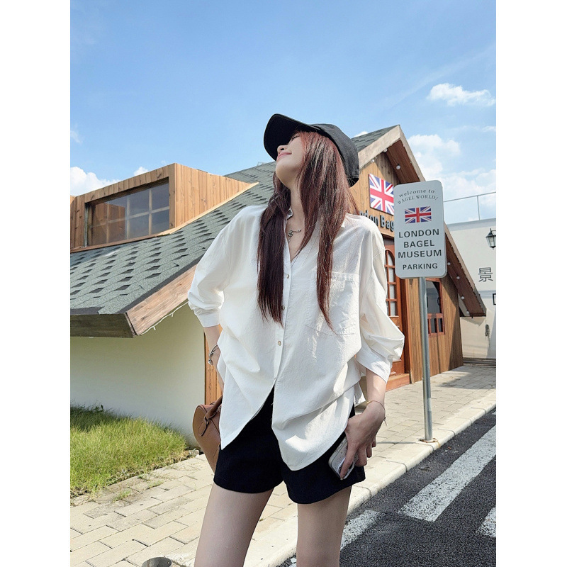 韩系气质凹造型的白衬衫翻领泡泡袖收腰衬衣上衣女|undefined