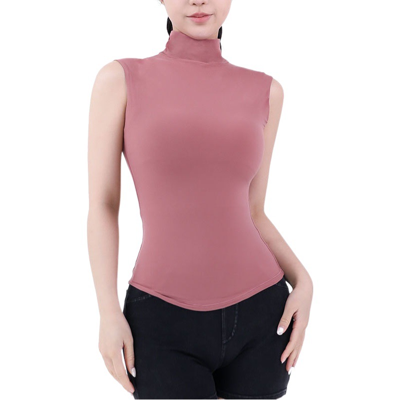 2024 nueva camisa de fondo suave de nube de doble capa sin mangas de cuello alto, camisa de fitness deportiva de yoga elástica ajustada