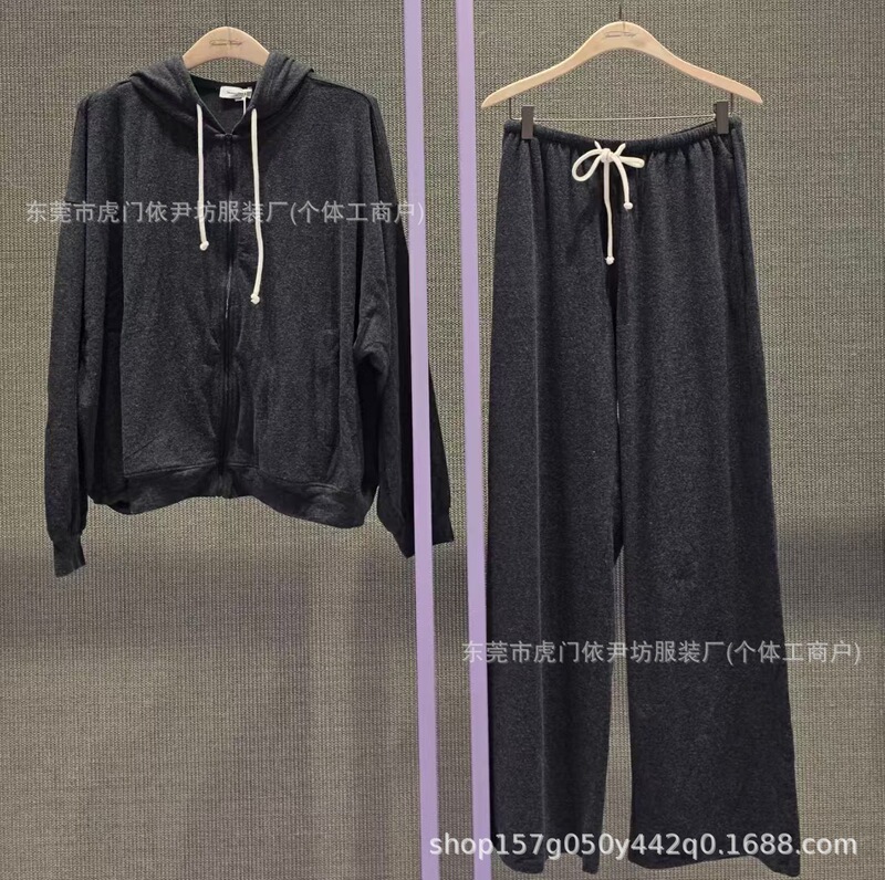 High-quality A*V soft and relaxed drapey Korean-style loose hooded sweatshirt jacket + long pants set with a stylish design for women