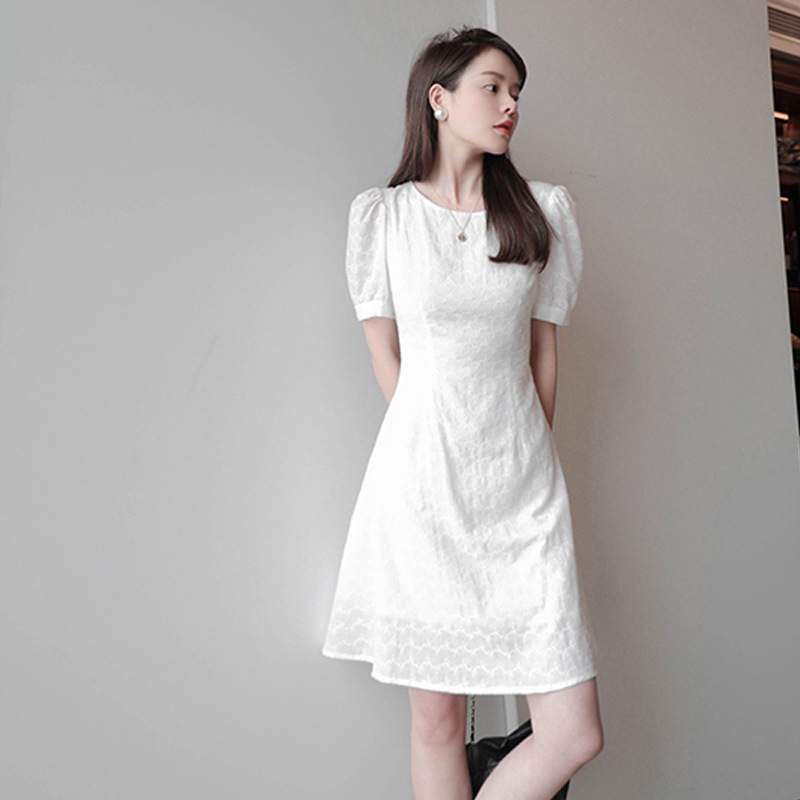 Summer Japanese Style Little Man Platycodon White Puff Sleeve Dress French Retro Gentle Elegant Tight Waist A- line Dress