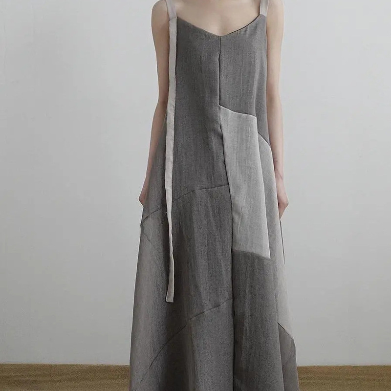 2026 Retro Artistic Style Ultra-Long Spaghetti Strap Dress, Thin Breathable Linen Dress with Color-Blocking Irregular Skirt