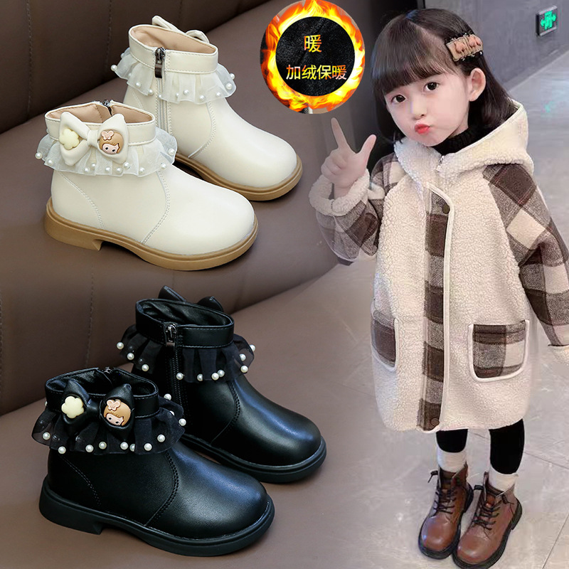Girls' Winter Plush Boots 2025 New Boots Pearl Little Girl Princess British Plush Leather Boots