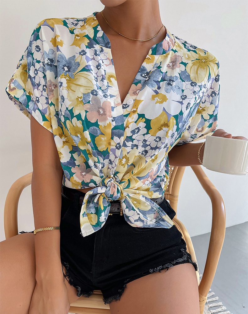 floral printing single-breasted short sleeve top NSDY127589