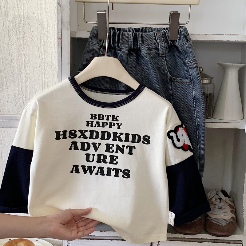 邦誠子供用長袖Tシャツ2025春秋新作韓国風男の子レターデザインフェイクツーピースプルオーバーH0331|undefined