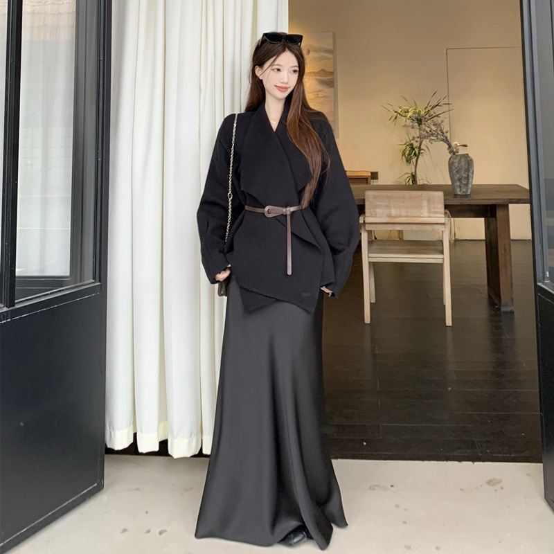 重磅大女主wan美廓行针织衫气质翻领收腰外套+高腰半身裙时尚套装|undefined