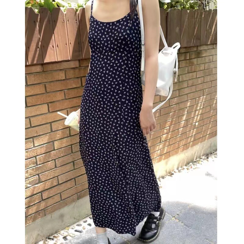 BM Style American Style New All-match Rose Floral Navy Blue Sling Dress Women's bm Lace-up Dress A- line Dress for Summer