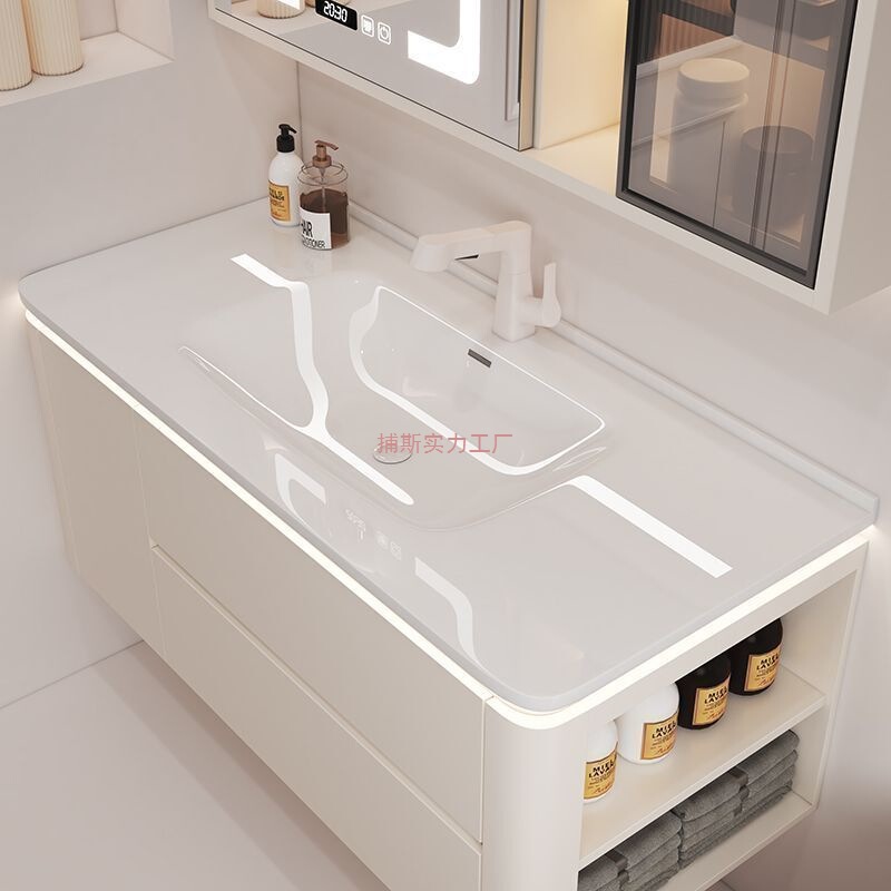 Simple Cream Washbasin Ceramic Integrated Modern Bathroom Smart Solid Wood Bathroom Cabinet Wash Combination Washbasin