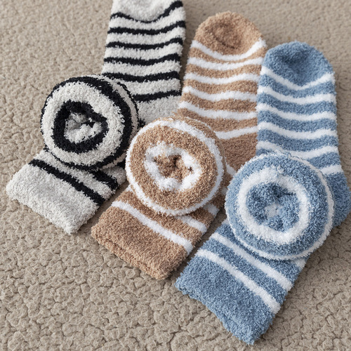 Coral velvet socks men's autumn and winter thickened mid-calf socks thickened home floor sleeping socks striped
