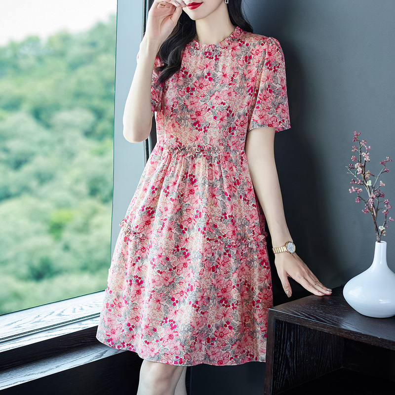 69361 Pink Floral Silk Dress Loose Wooden Collar Fashion Short-Sleeve Mulberry Silk A-Line Dress Versatile
