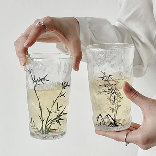 Niche Retro Ink Bamboo Glacier Glass Cup with High-Value Design for Home Use, Suitable for Drinking Water, Making Tea, and Serving Coffee