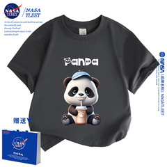 NASA panda boy's short sleeve T-shirt 2024 new summer 100% cotton trendy children's clothing sweet girl's top