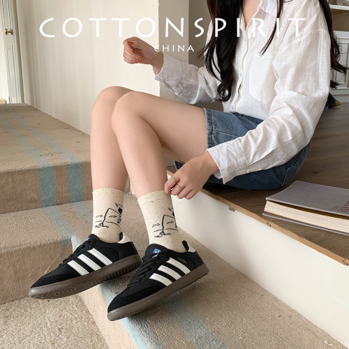 Idea yarn cat women's spring and autumn style Japanese cute cartoon pattern student mid-calf socks versatile fashion