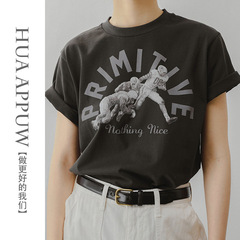 Huapu フレンチレトログレー半袖ルーズ Tシャツレディース 2025 夏新プリントラウンドネックトレンディトップ