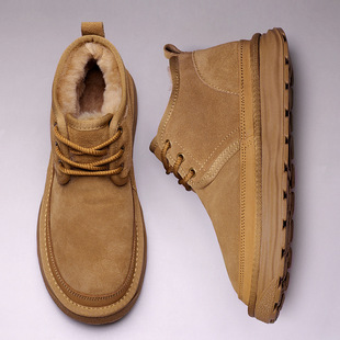 Snow Boots Men's Leather One-piece fleece-lined Warm Thick-soled Winter Non-slip High-top Genuine Leather Men's Large Cotton Wool Shoes