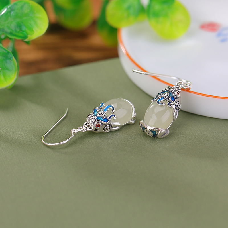Mặt dây chuyền bạc S925 hình đồng xu Tỳ Hưu ngọc bích thanh thủy, phong cách quốc triều, bộ hai mảnh kèm bông tai — Kiểu mặt dây chuyền (không có dây chuyền)