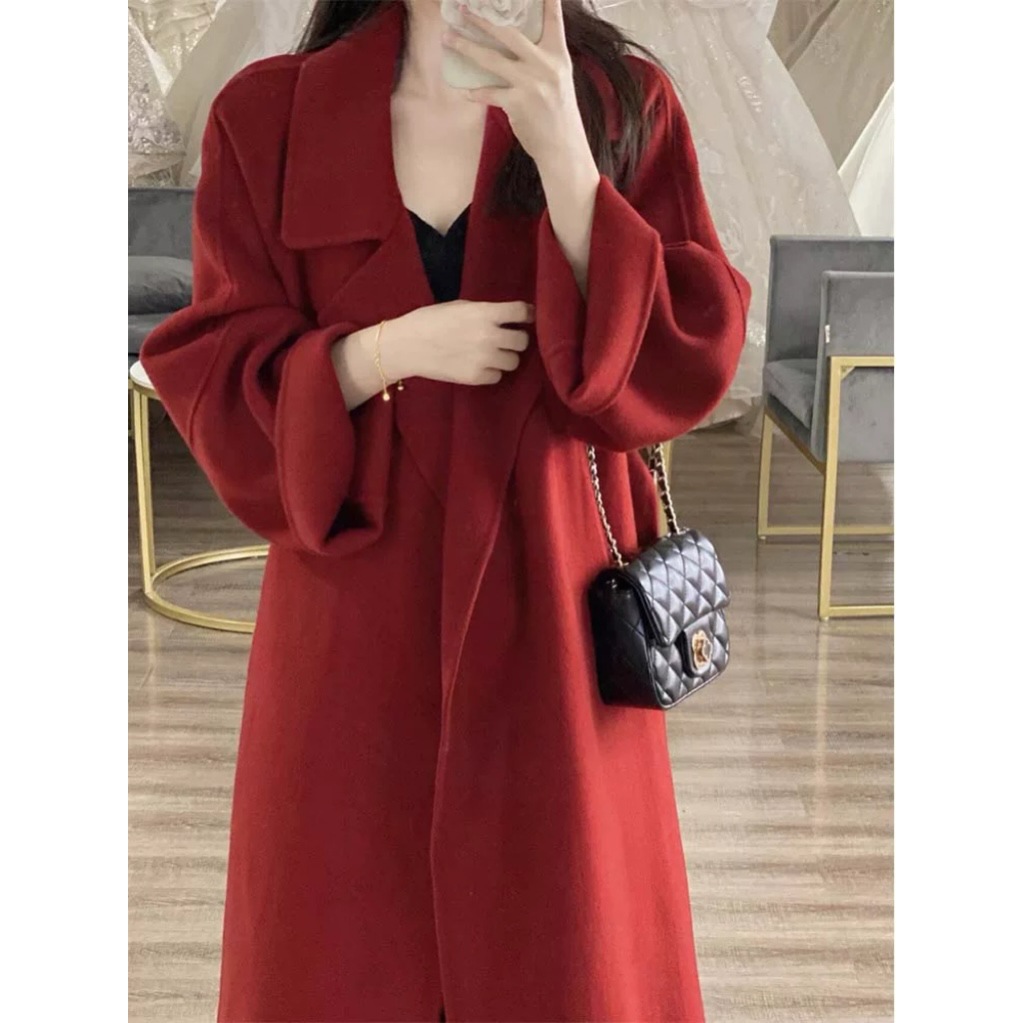 【西西里】新年红色同款慵懒大衣 ~双面毛呢外套女中长款春秋外套