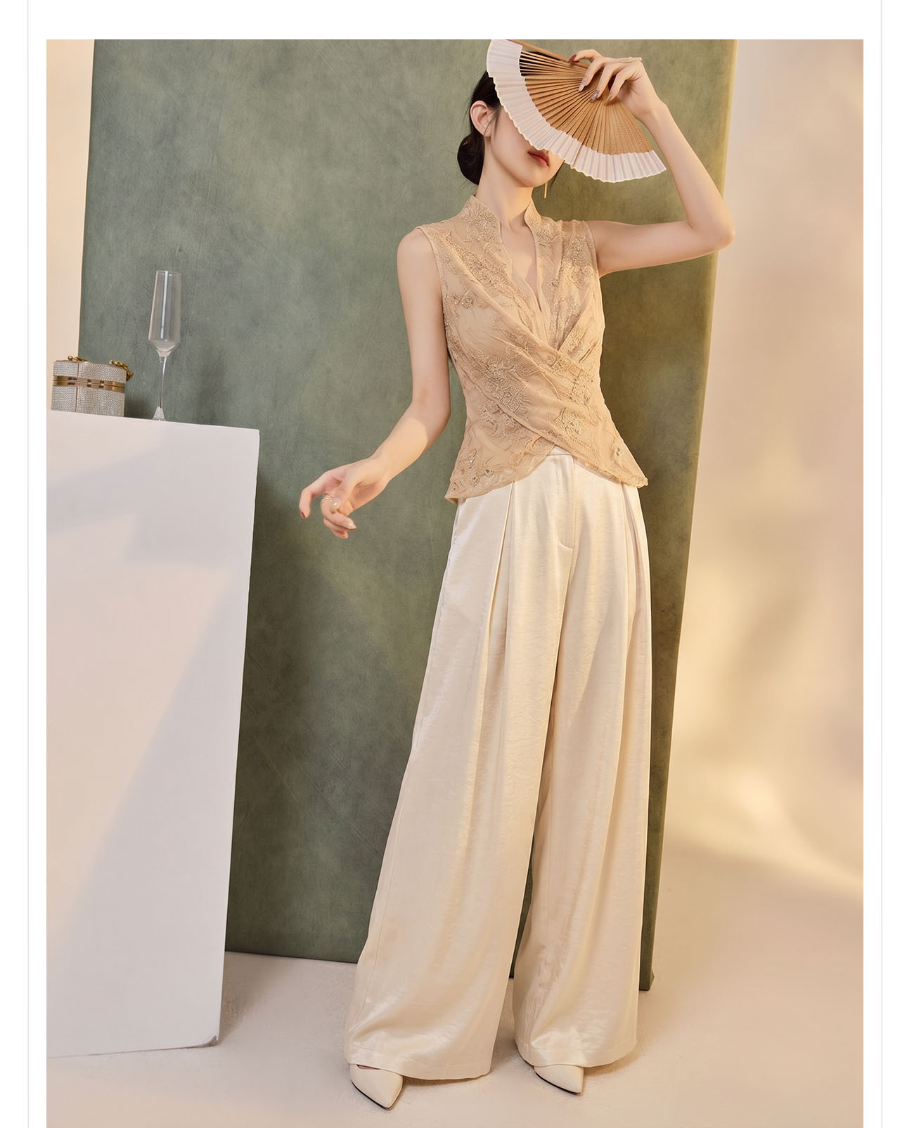 Áo vest nữ dài tay cổ chéo thêu tay, thắt lưng ren — màu vàng chi tiết 9