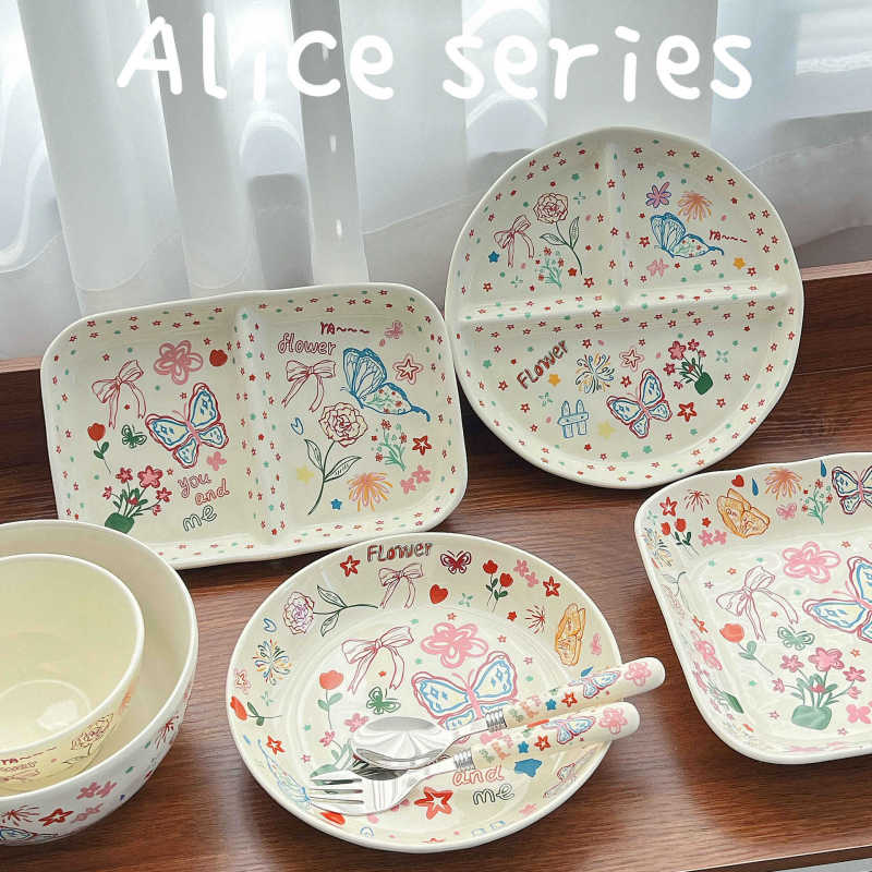 Cute girly ceramic divided plate, breakfast plate, adult weight loss portion control plate, children's single-serving meal plate, wholesale Cute girly ceramic divided plate, breakfast plate, adult weight loss portion control plate, children's single-serving meal plate, wholesale