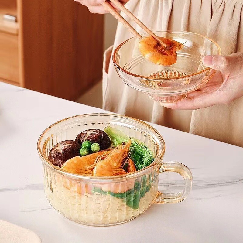 High color value instant noodle glass bowl with handle anti-scald student dormitory with lid large capacity transparent instant noodle bowl wholesale