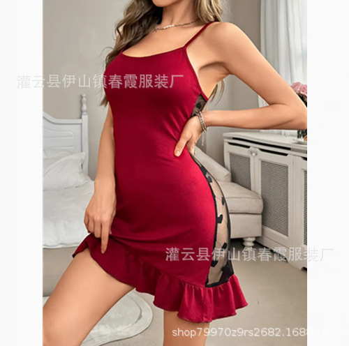 跨境外贸欧美夏复古简约性感吊带露背蕾丝网纱透视薄款女情趣睡裙