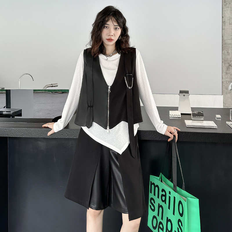 Yamamoto Dark Style Fashionable Stylish Two-Piece Set Autum New Spliced Pu Leather V Neck Vest + Casual Shorts