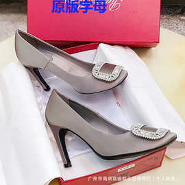 2025春秋新款王漫妮同款rv高跟鞋圆头水钻方扣绸缎单鞋女工厂直销