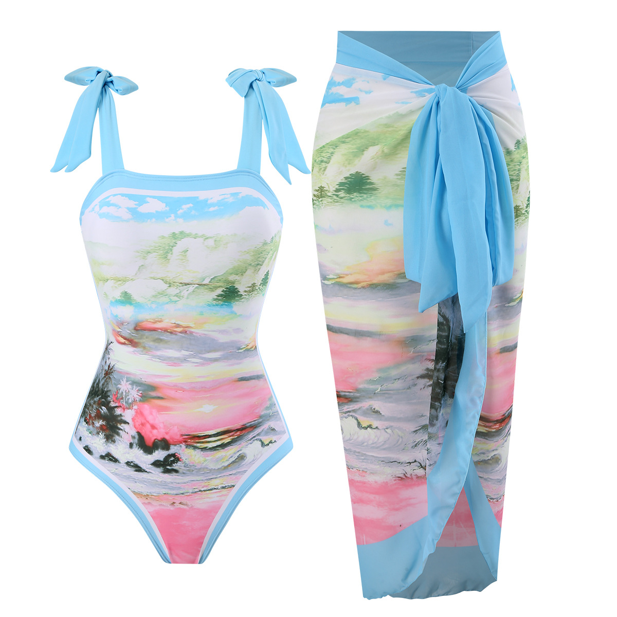 Traje de baño de una pieza estilo europeo y americano para comercio exterior 2024, traje de baño conservador para primavera caliente, protección solar para mujer, cubierta de chifón, ajuste delgado