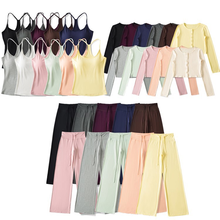 Stylish outfit: sun-protective short and long sleeve cardigan + padded tank top + modal drapey straight-leg sweatpants, three-piece set