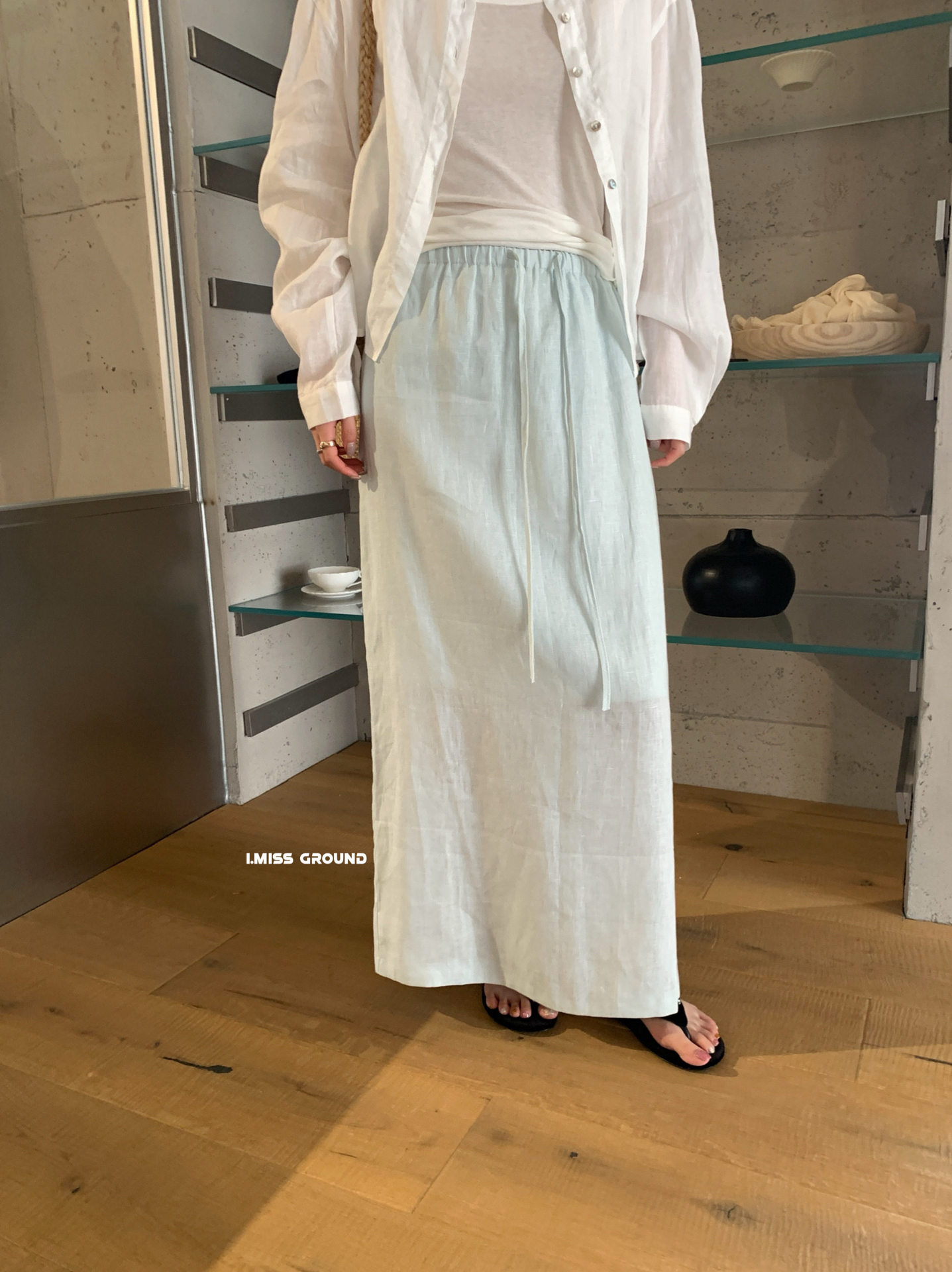 Chân váy linen dài Hàn Quốc cạp thun dây rút phong cách đơn giản — xanh đậm, Xanh da trờicolor, Xanh nước biển, màu tím chi tiết 4