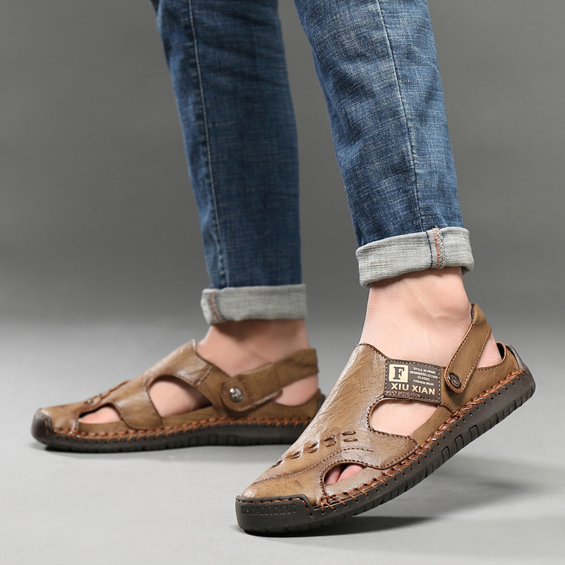 Sandalias de cuero transfronterizas para hombres, zapatos antideslizantes hechos a mano, zapatos de playa casuales de moda.